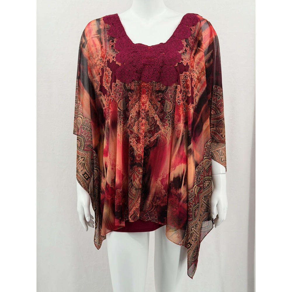 One World‎ Top Womens 1X Red Sheer Overlay Boho Paisley Tunic Layered Hippie
